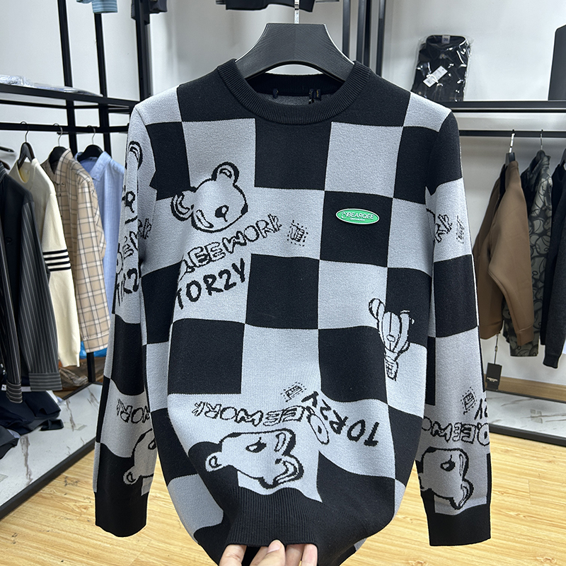 时尚提花弹力套头打底衫毛衫秋季男士亲肤舒适圆领休闲针织衫潮