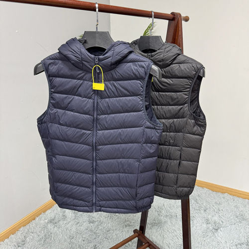 90绒轻薄连帽鸭绒服马甲秋冬季男士修身纯色保暖羽绒服背心