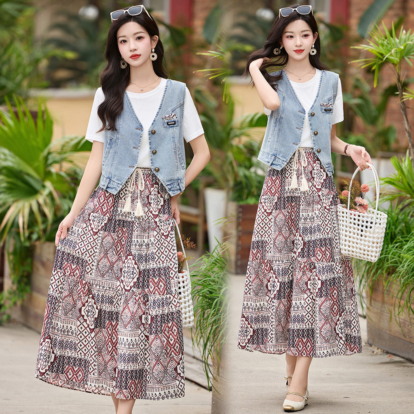 女连衣裙夏新款中长款牛仔马甲T恤印花半身裙套装气质显瘦三件套