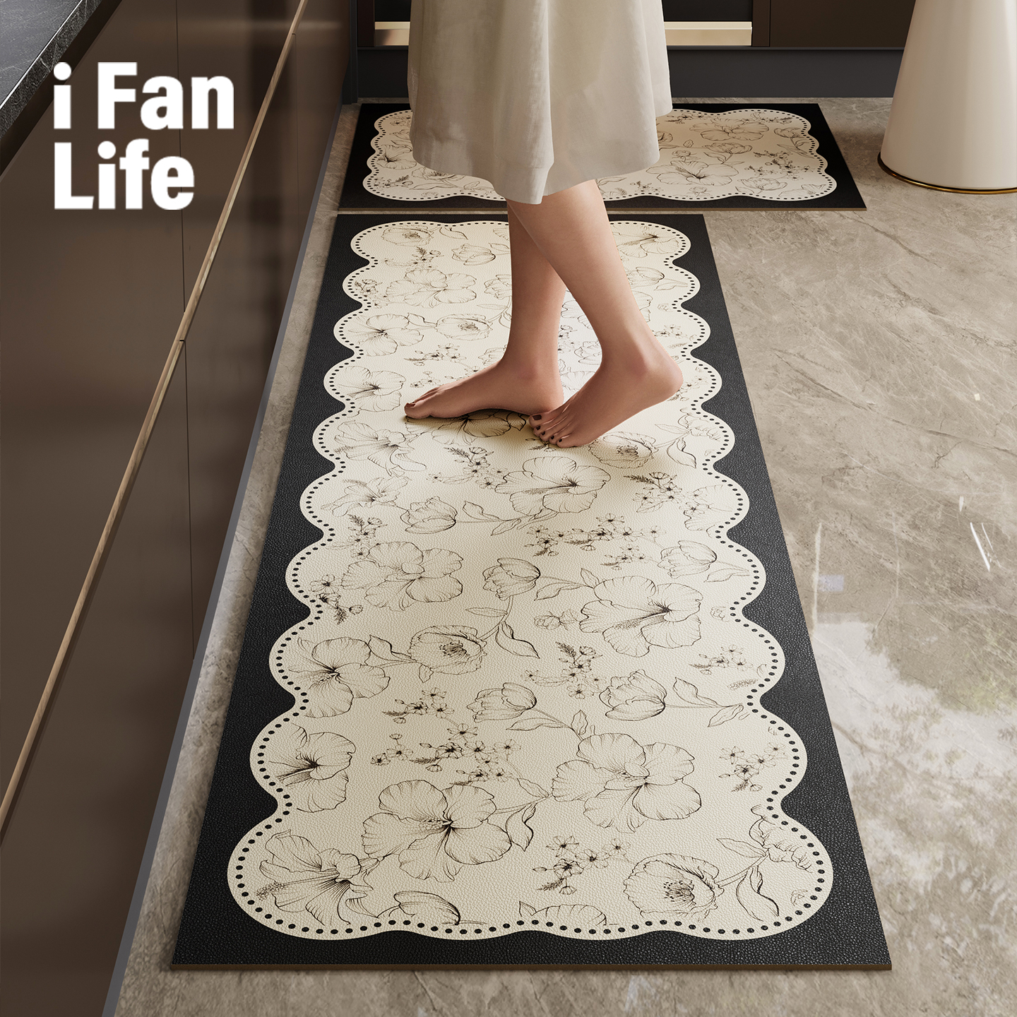 黑白花叙转角厨房专用地垫防油防滑可擦免洗脚垫防水高端7字l型