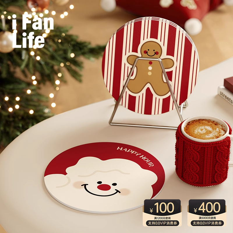 范店新年红色姜饼人杯垫吸水速干隔热防烫垫吧台咖啡茶杯碗盘餐垫