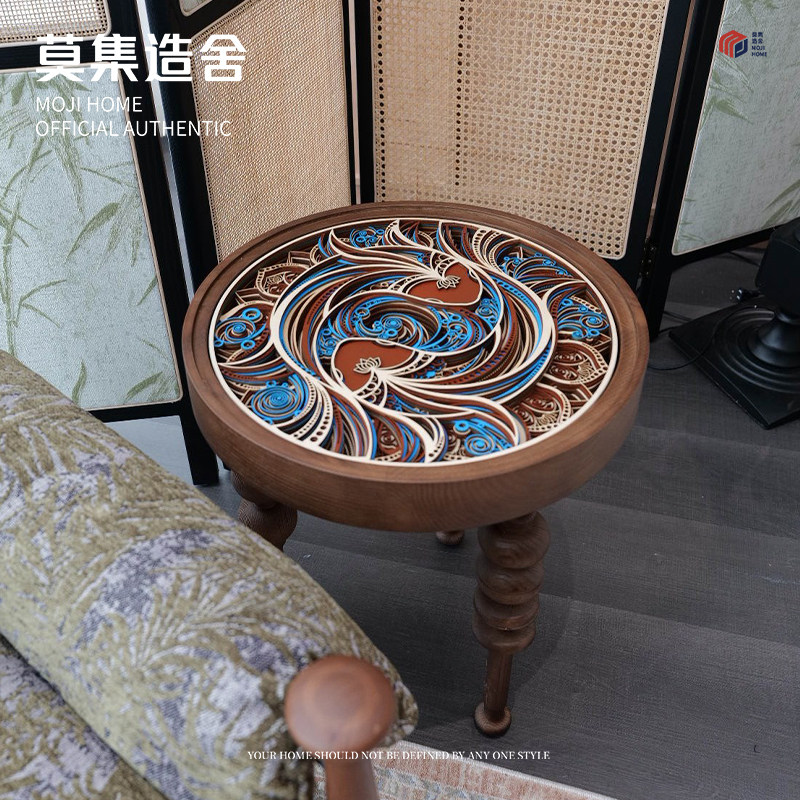 法式复古实木圆边几客厅中古风