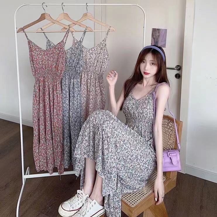 Real photo tender wind flower first love skirt summer sweet show thin suspender dress female age reduction wear long skirt