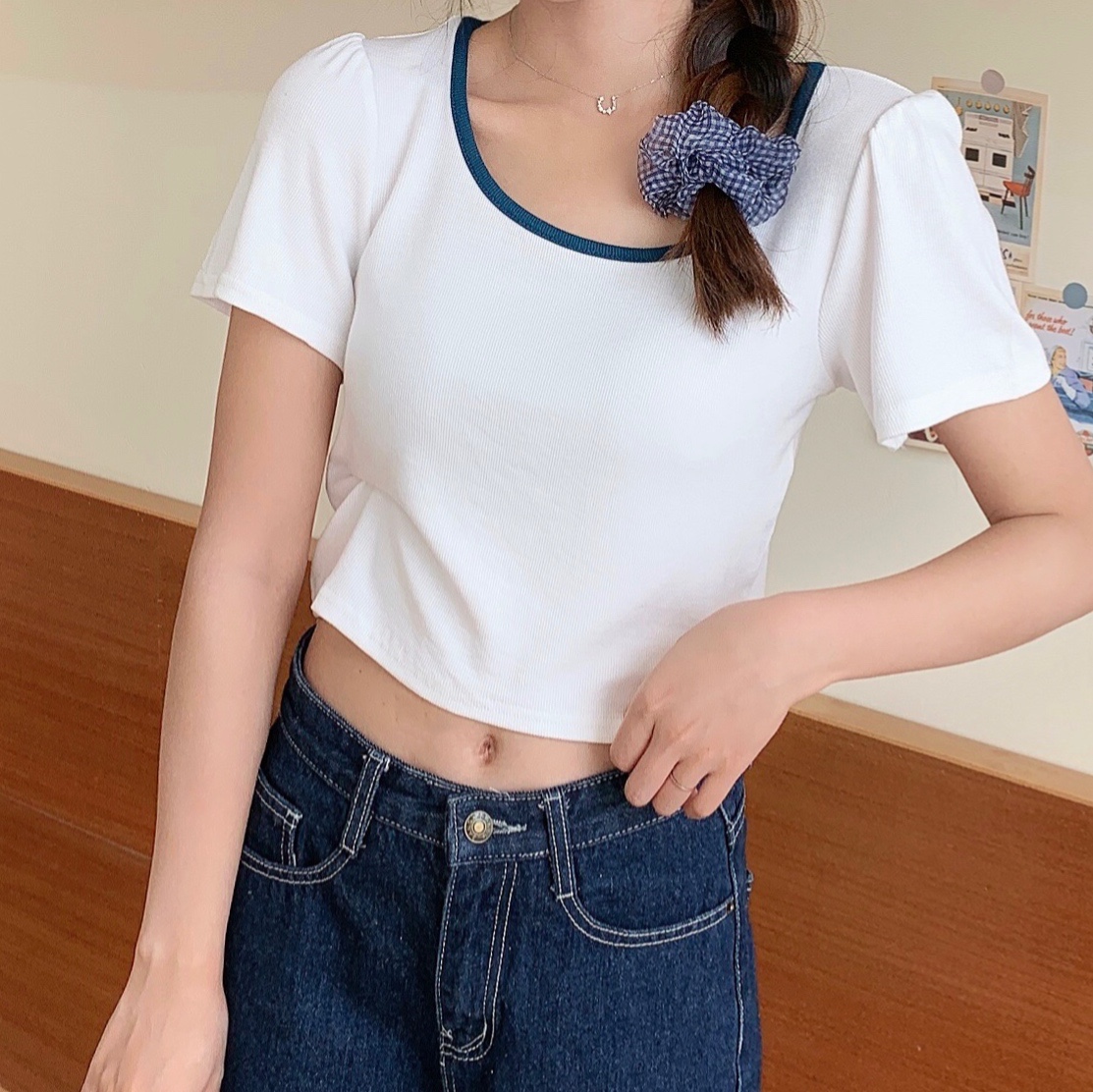 Real shot summer new thread cotton elastic short T-shirt color matching heart machine navel exposed short sleeve blouse
