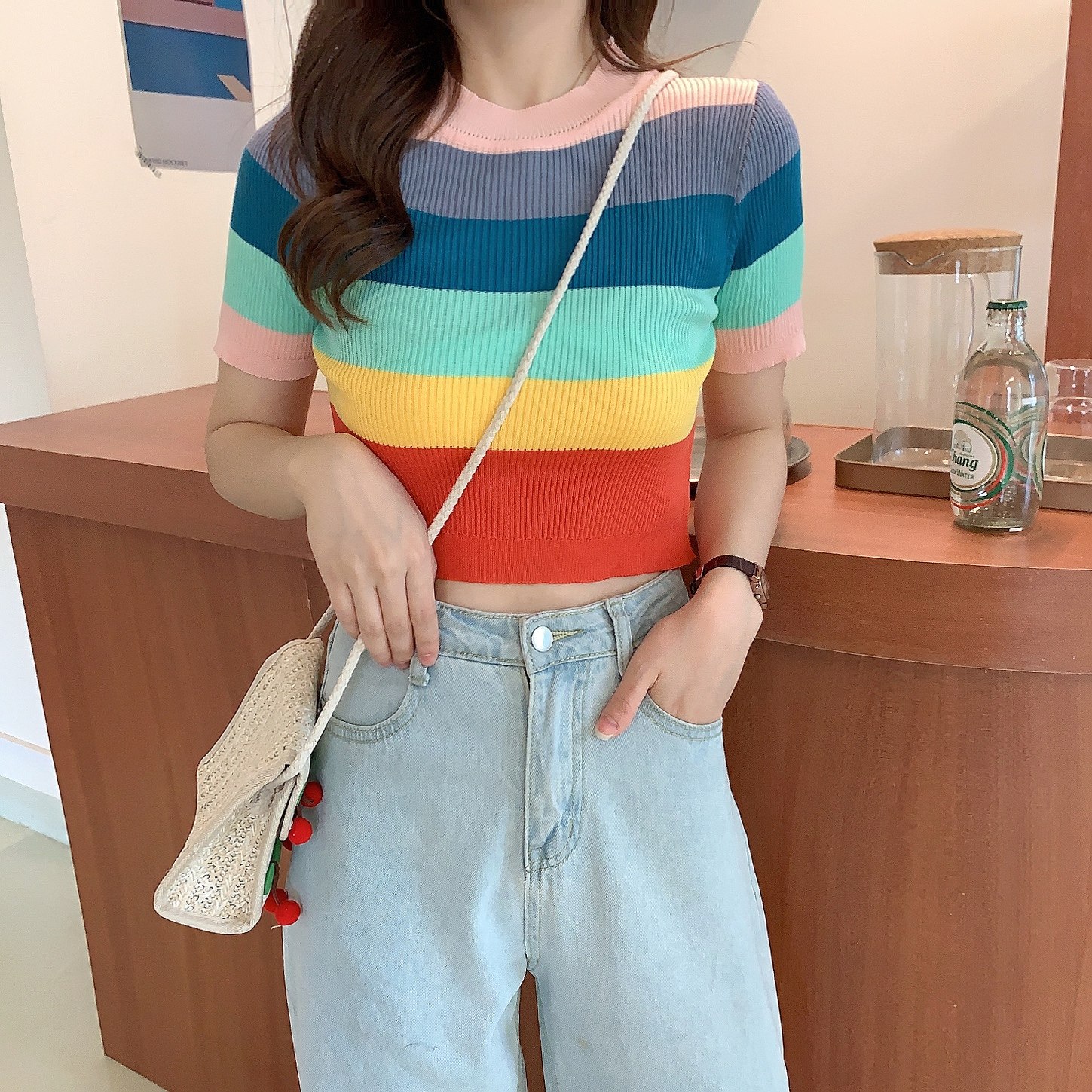 Real Korean version 2021 new rainbow slim stripe short sleeve open navel short women's top