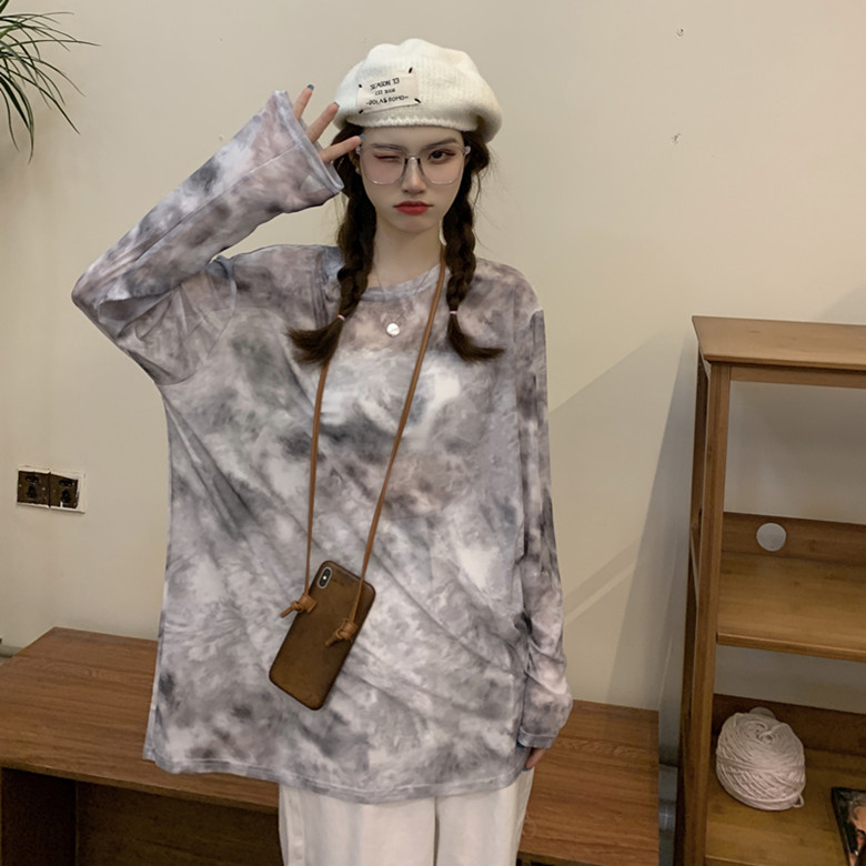 Real shot summer ins mesh tie dyed long sleeve top women's retro fashion thin Pullover