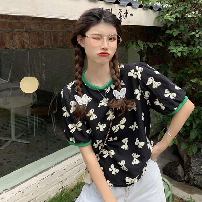 Real shot design loose retro bow print bubble sleeve round neck and short sleeve western style top