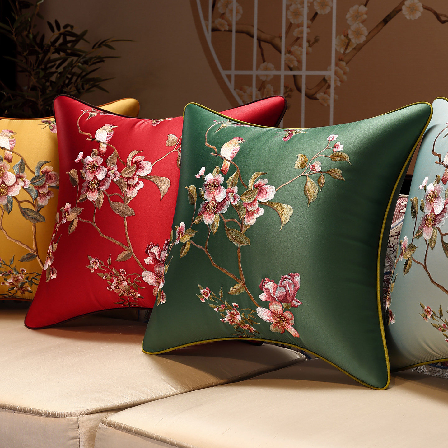 新中式花鸟刺绣沙发抱枕靠垫欧式软头软包靠背套汽车腰靠枕大含芯,居家布艺,靠垫/抱枕,淘宝优惠券,粉丝福利购,淘宝优惠卷