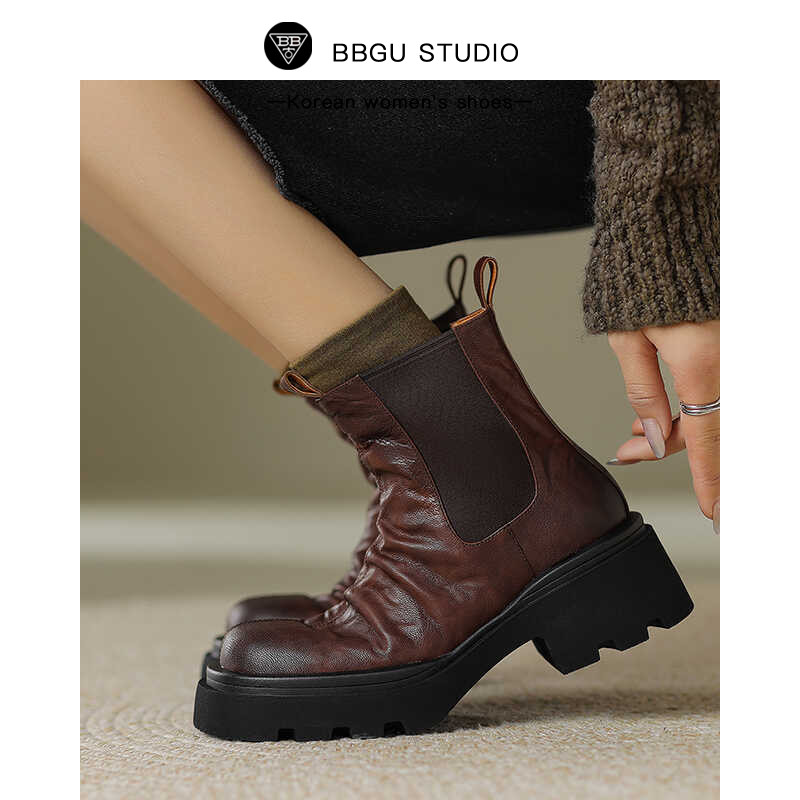 BB古 韩国真皮2025年新款小个子厚底短靴女秋冬马丁靴圆头切尔西