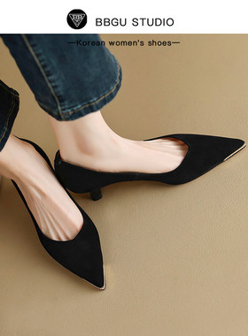 BB古GRIL 韩国2025年通勤磨砂金属水钻尖头猫跟单鞋浅口高跟鞋女