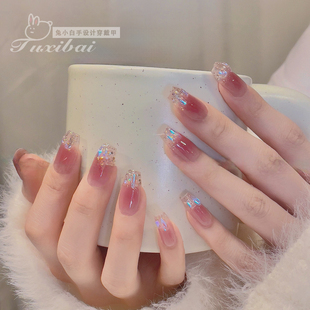 兔小白手工穿戴甲txb018短款 美甲甲片 兔哥设计穿戴甲月落星河新款