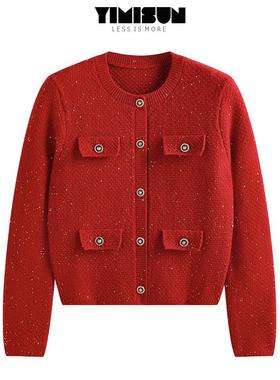 YIMISUN新年别致红色小香亮闪闪圆领针织开衫女气质短款外套上衣