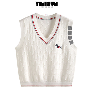 YIMISUN四杠撞色小狗刺绣麻花针织马甲V领宽松学院风无袖叠穿上衣