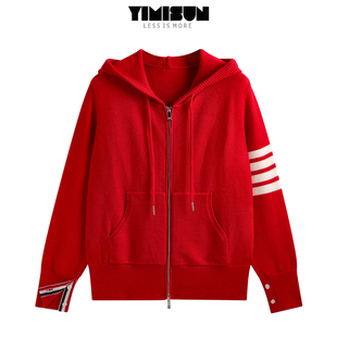 YIMISUN慵懒风后背小狗刺绣红色连帽拉链针织开衫女宽松毛衣外套