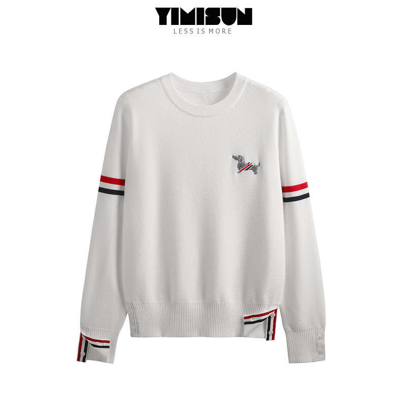 新款双织带胸前小狗刺绣提花圆领套头白色毛衣女针织上衣打底衫潮