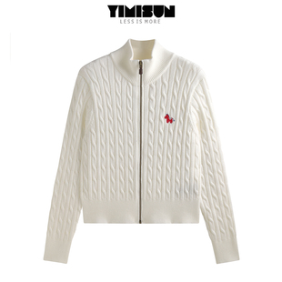 YIMISUN老钱风小马刺绣麻花纹高领拉链针织开衫修身毛衣短款外套