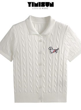 YIMISUN白色polo领小狗麻花短袖T恤女绞花宽松针织衫开衫薄款上衣