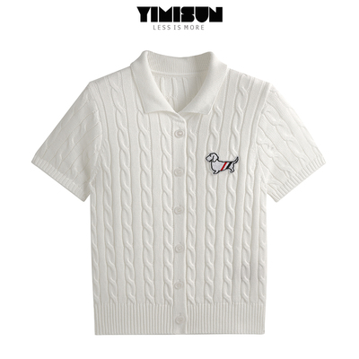 白色polo领麻花针织开衫短袖