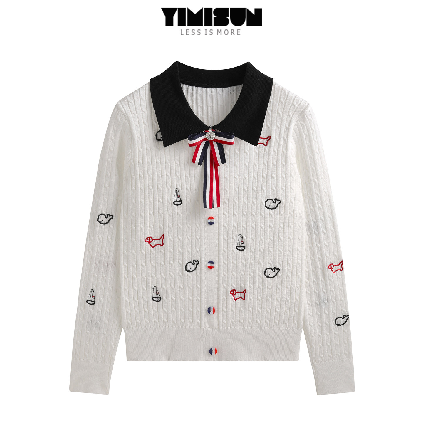 YIMISUN设计感学院风蝴蝶结别针翻领卡通刺绣麻花针织套头假外套,女装/女士精品,毛针织衫,淘宝优惠券,粉丝福利购,淘宝优惠卷