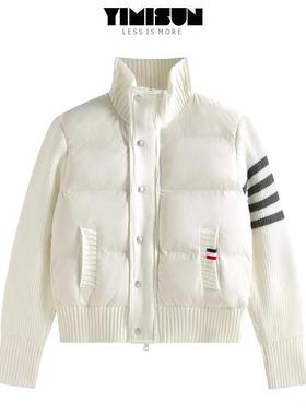YIMISUN2024冬白色休闲保暖棉衣外套立领拼接针织四杠厚短款棉服