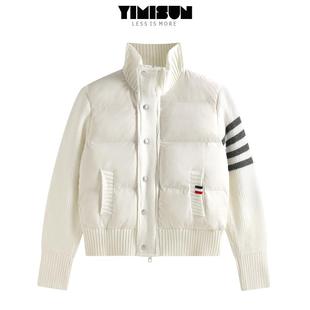 YIMISUN2024冬白色休闲保暖棉衣外套立领拼接针织四杠厚短款棉服