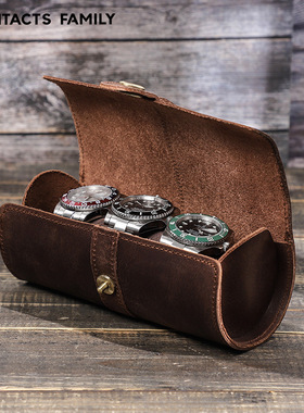 CONTACTS FAMILY复古疯马皮手表盒创意圆形搭扣真皮收纳盒三只装