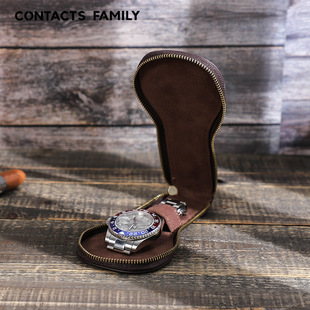 contacts family手表收纳盒疯马皮复古创意真皮高档拉链手表皮套