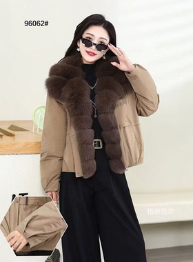 格林96062高级感狐狸毛大毛领羽绒服女短款保暖厚外套轻奢派克服