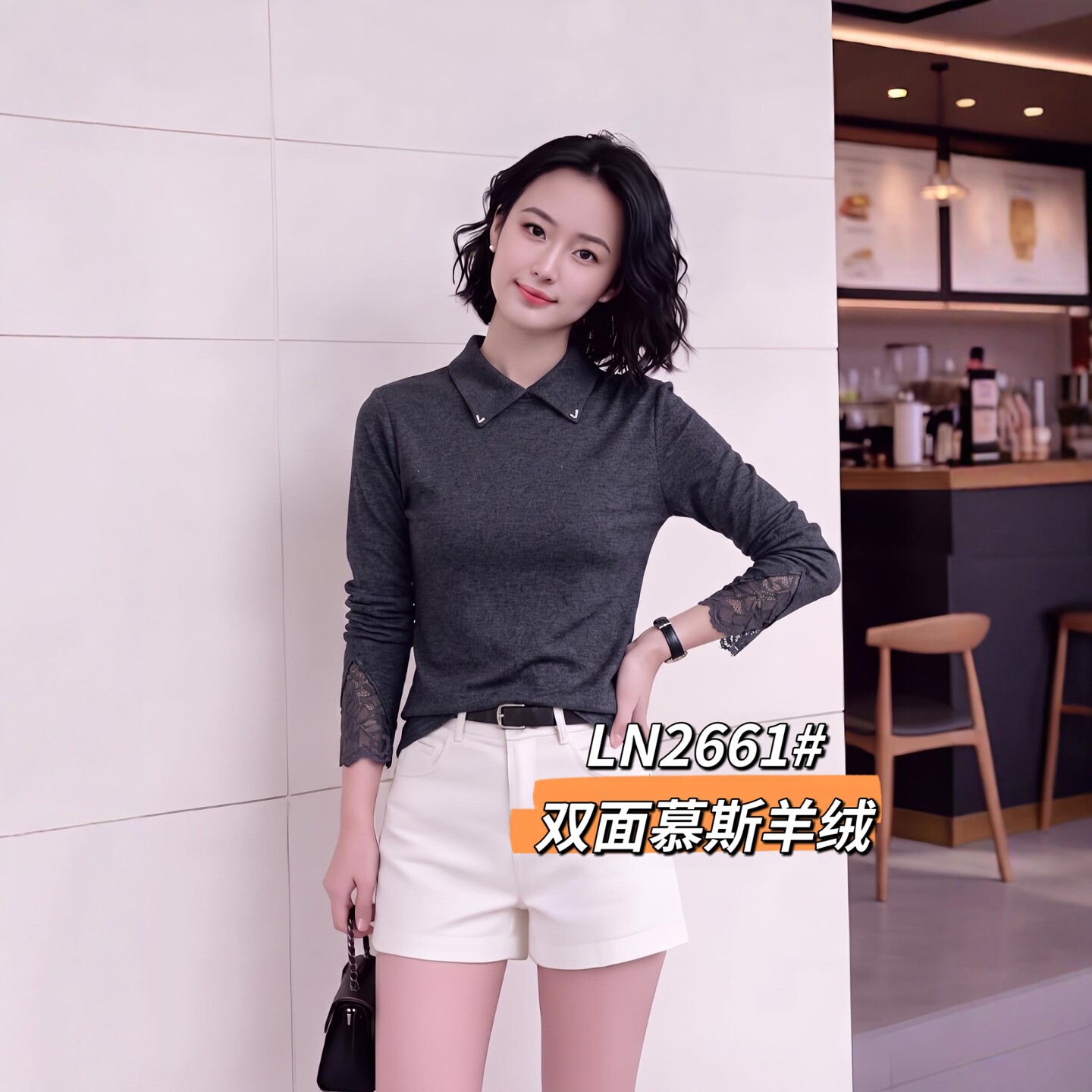 秋冬慕斯绒翻领长袖打底衫女显瘦