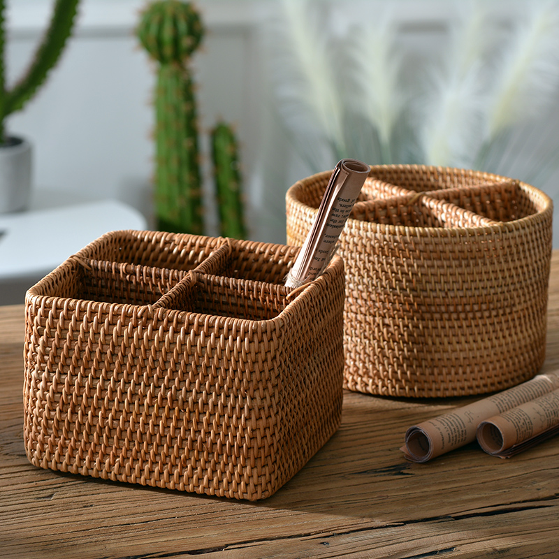 越南藤编办公桌面杂物分格新品