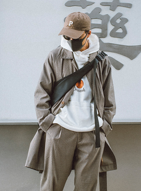 【349元任选3件】季千鸟格纹中长款BF宽松气质青年束带工装风衣男