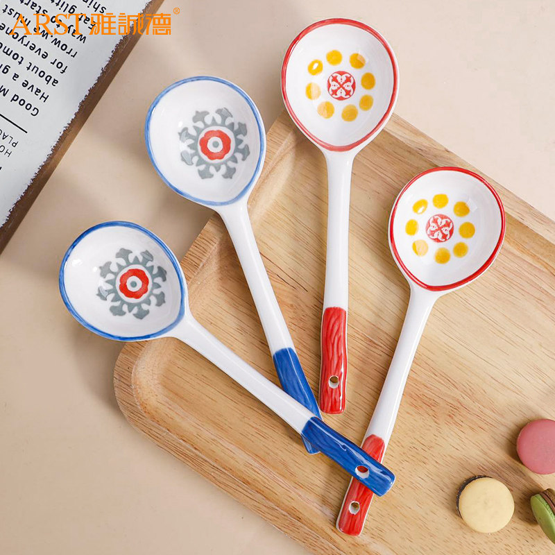 雅诚德小汤勺家用陶瓷汤勺子长柄日式喝汤匙专用圆头盛汤舀粥调羹