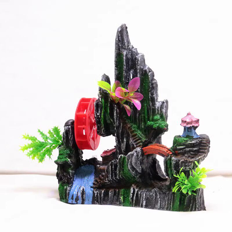 鱼缸造景装饰假山石 水族箱布景转动风车水轮树脂仿真假山石 大号