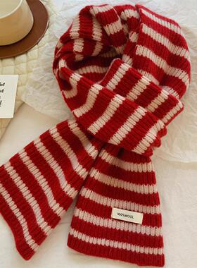 红色条纹100%全羊毛针织围巾女冬季韩版百搭学生情侣保暖羊绒围脖