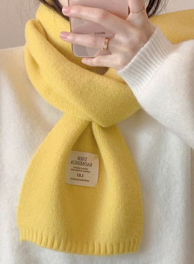 ins布标纯色针织围巾女秋冬季新款韩版百搭学生保暖毛线围脖情侣