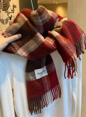 韩国款红色复古格子羊毛混纺围巾女冬季百搭学生情侣保暖披肩围脖