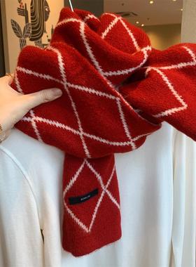 出口韩国~红色菱格含羊毛针织围巾女冬季百搭学生情侣保暖围脖潮