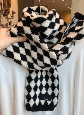 韩版黑色菱形格子软糯针织围巾女冬季百搭情侣加厚保暖毛线围脖潮