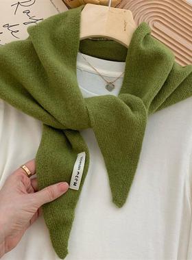 出口韩国~绿色100%全羊毛小围巾女秋冬季纯色百搭披肩三角巾围脖