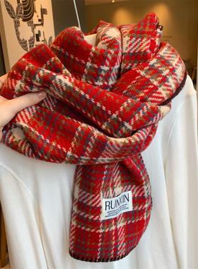 韩国东大门新款红色复古格子仿羊绒围巾女冬季百搭学生保暖围脖潮