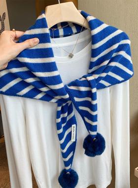 澳洲100%全羊毛三角巾围巾女秋冬季韩版百搭蓝色条纹保暖披肩围脖