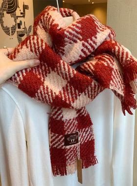 圣诞氛围红色格子含羊毛围巾女冬季韩版百搭学生情侣加厚保暖围脖