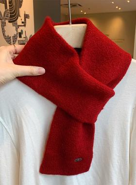 ins韩系红色含羊毛交叉针织小围巾女秋冬季纯色百搭保暖毛线围脖