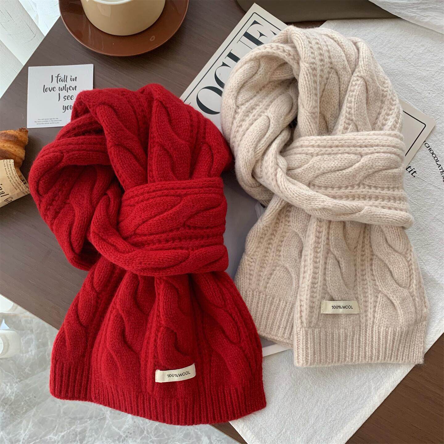 韩国款100%纯羊毛针织围巾女冬季百搭安哥拉红学生加厚保暖围脖潮