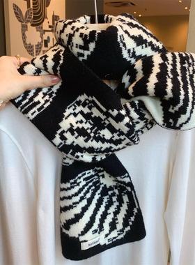 高级感黑色双面banana针织围巾女冬季韩版百搭学生保暖毛线围脖潮