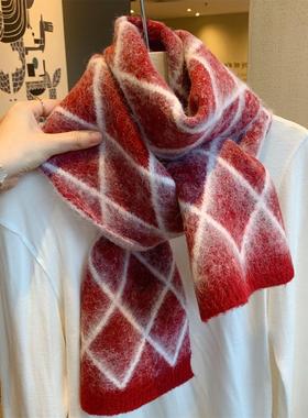 氛围感红色菱格含羊毛针织围巾女冬季韩版百搭加厚保暖围脖圣诞节