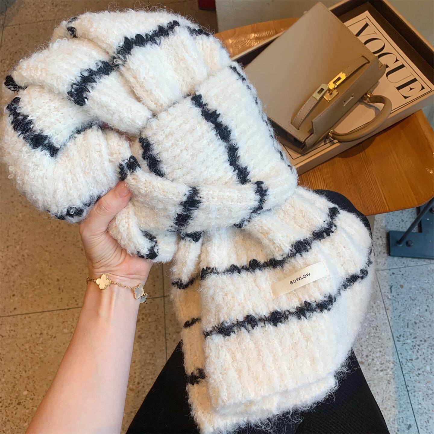 出口韩国~软糯羊毛混纺条纹针织围巾女冬季百搭学生加厚保暖围脖