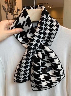 经典黑色千鸟格100%纯羊毛交叉针织小围巾女秋冬季百搭保暖围脖