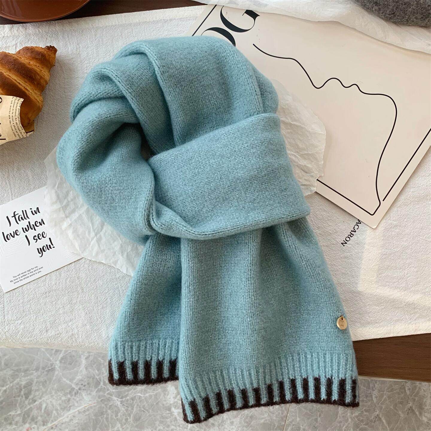 韩国款碧海蓝色软糯羊毛混纺针织围巾女冬季百搭学生加厚保暖围脖