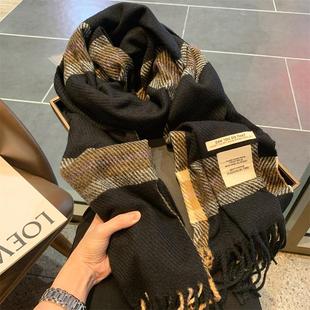 高级黑格子围巾女冬季新款韩版仿羊绒披肩百搭学生情侣保暖围脖男